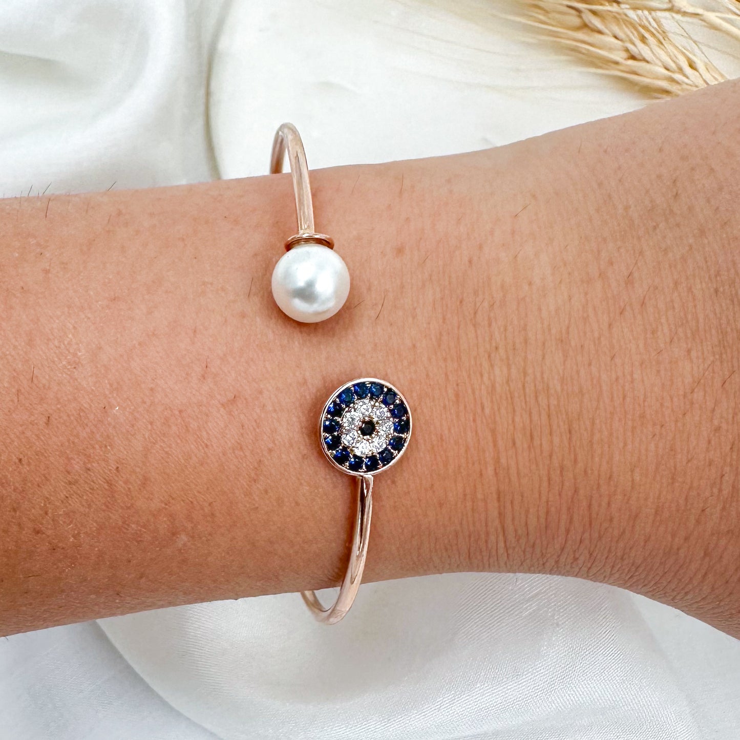 Pearl Evil Eye Bracelet Cuff