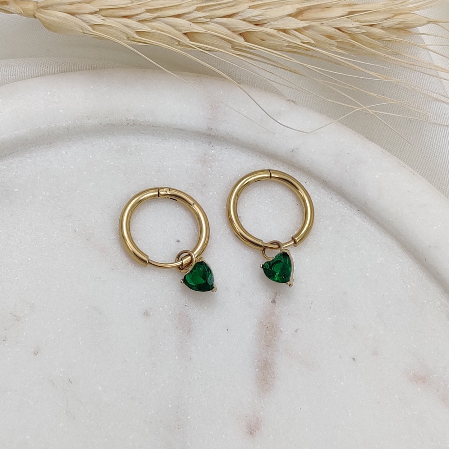 Emerald Mini Heart Hoops