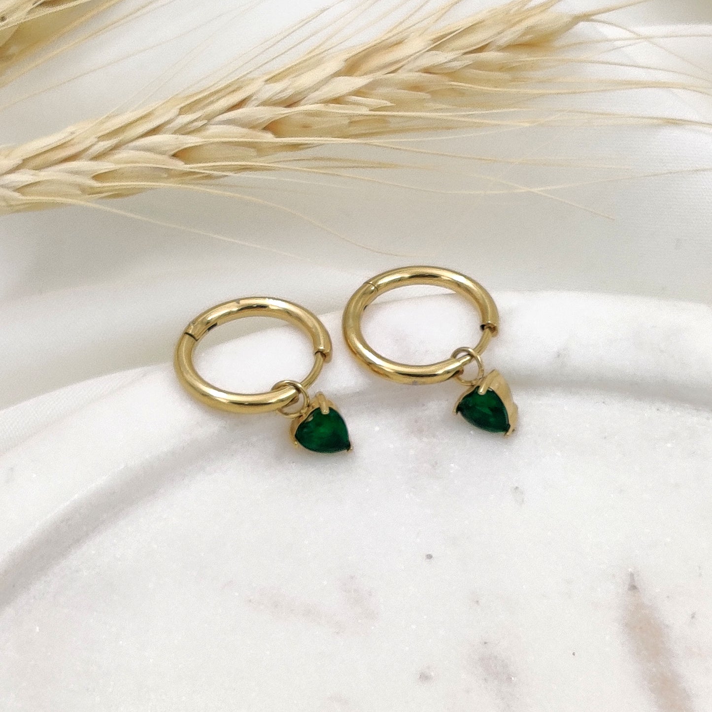 Emerald Mini Heart Hoops