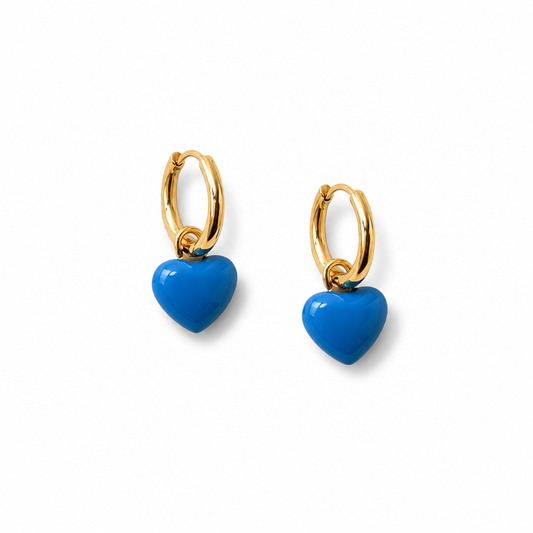 Heart Drop Huggie Hoops (Blue)