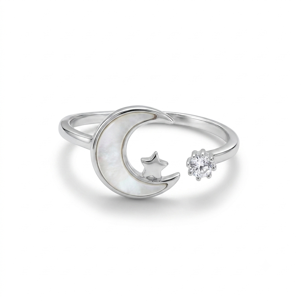 White Moon & Star Ring