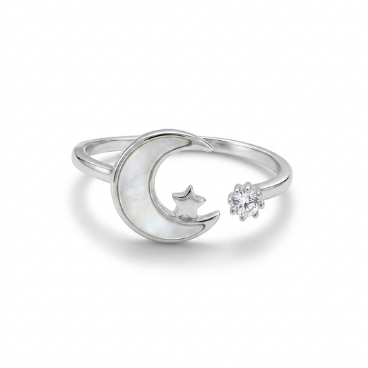 White Moon & Star Ring