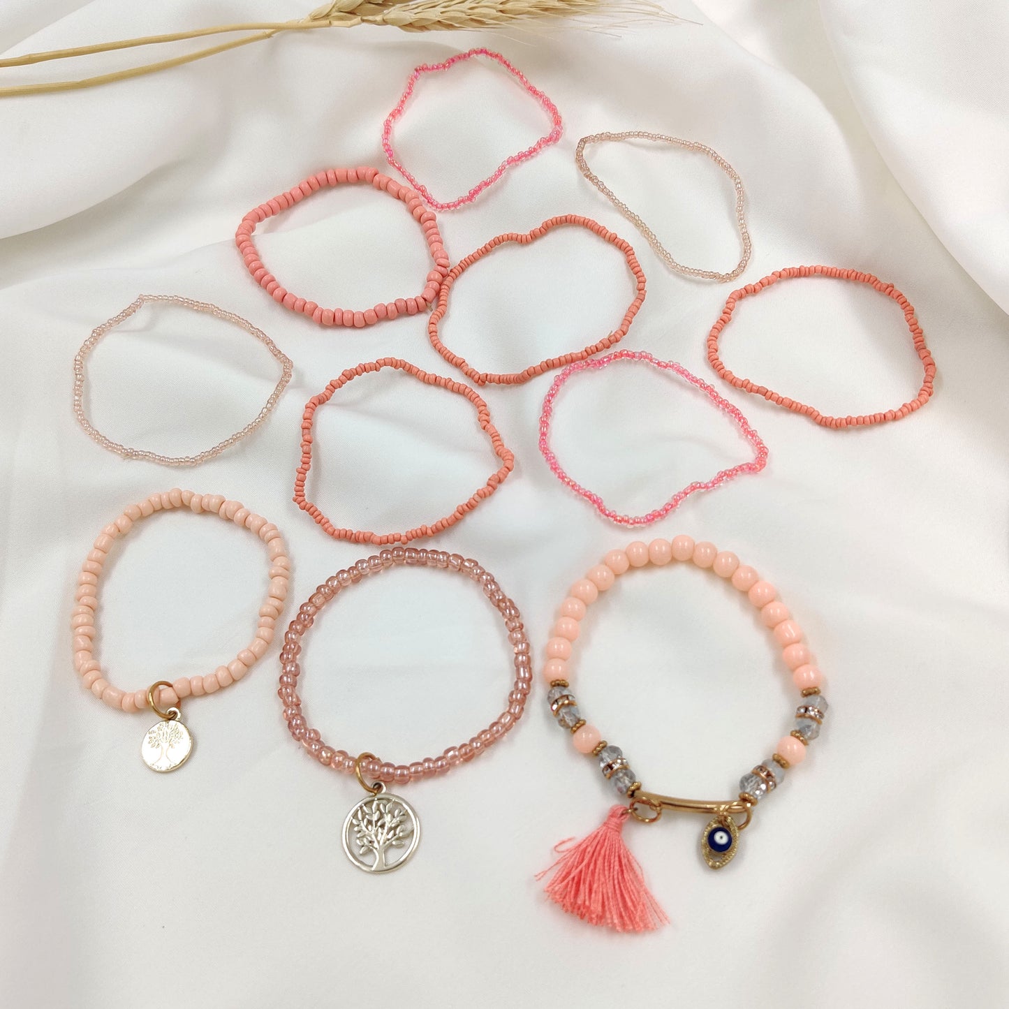 Peach Beaded Bracelet set of 11