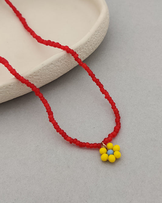 Red Flower Bead Necklace