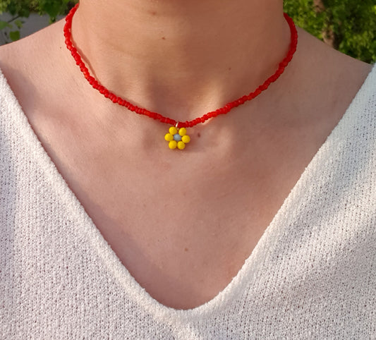 Red Flower Bead Necklace