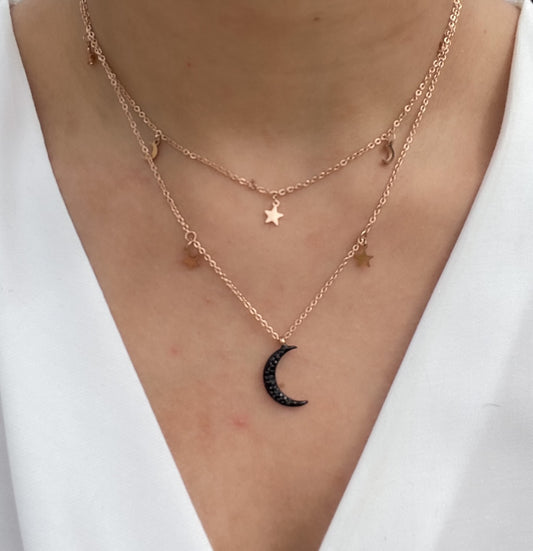 Black Crescent Moon Layered Necklace
