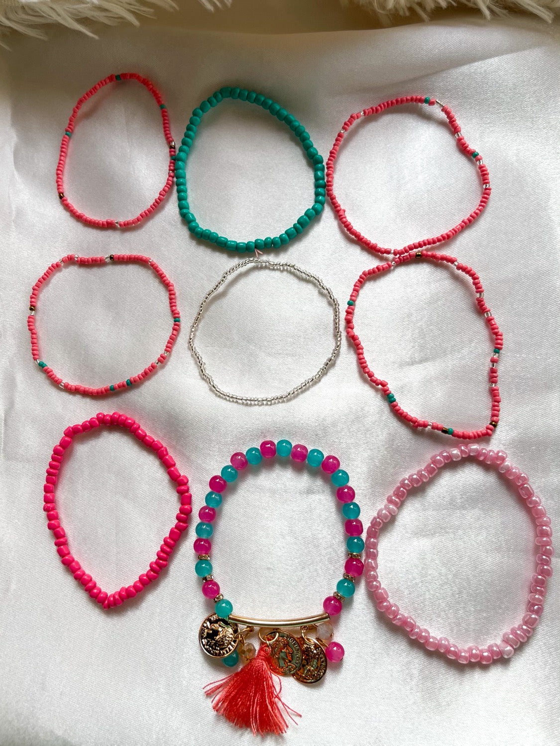 Blue Pink Beaded Bracelet set of 9