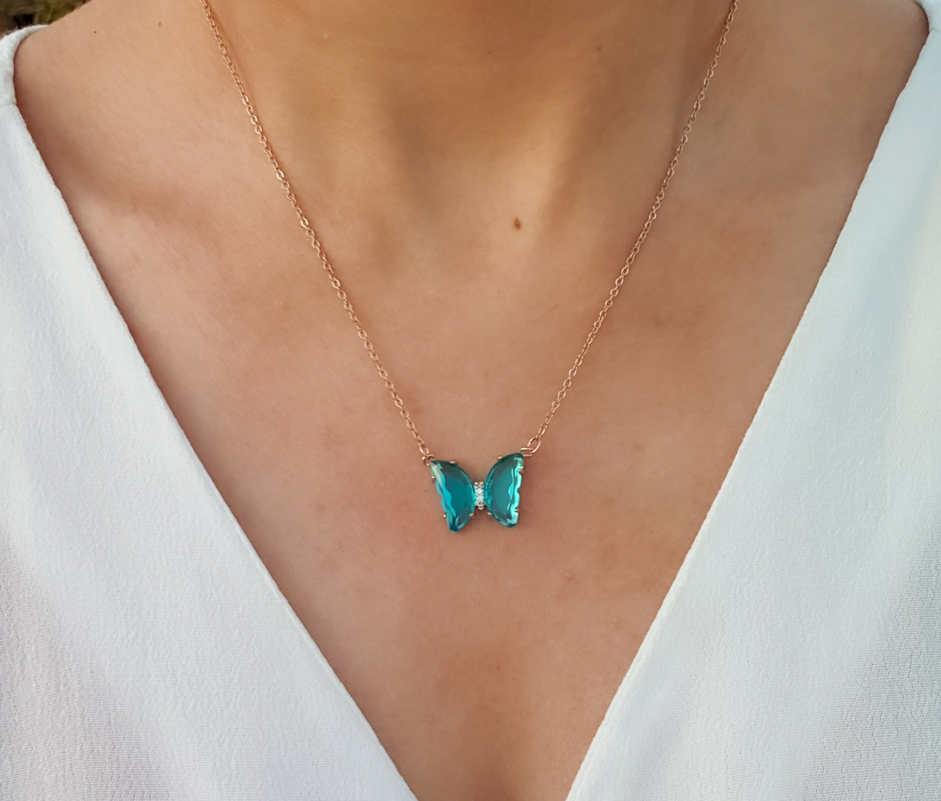 Mini Butterfly Necklace With Diamonds & Prongs In Turquoise Opal | KAMARIA  | Wolf & Badger