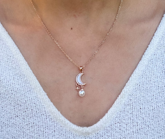 Moon with Star & Pearl Charm Necklace
