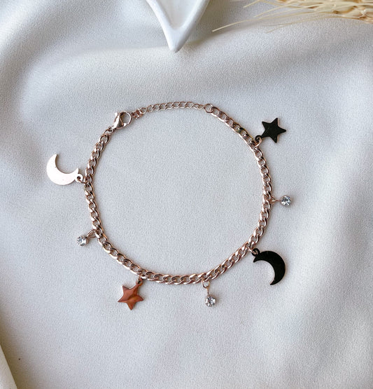 Moon & Star Chain Charm Bracelet (Rose Gold)